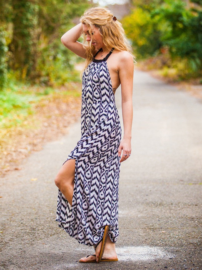 Blue Sky Maxi 70 s Style Halter Dress in Boho Print Large