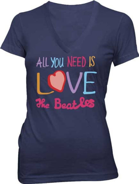 Beatles-Ladie V-Neck All You Need Is Love Navy Cotton T-shirt