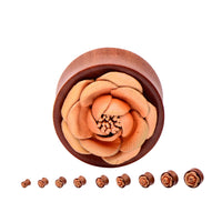 Double Flared Red Saba Wood Plugs with Peach Leather Flower