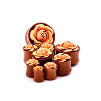 Double Flared Red Saba Wood Plugs with Peach Leather Flower
